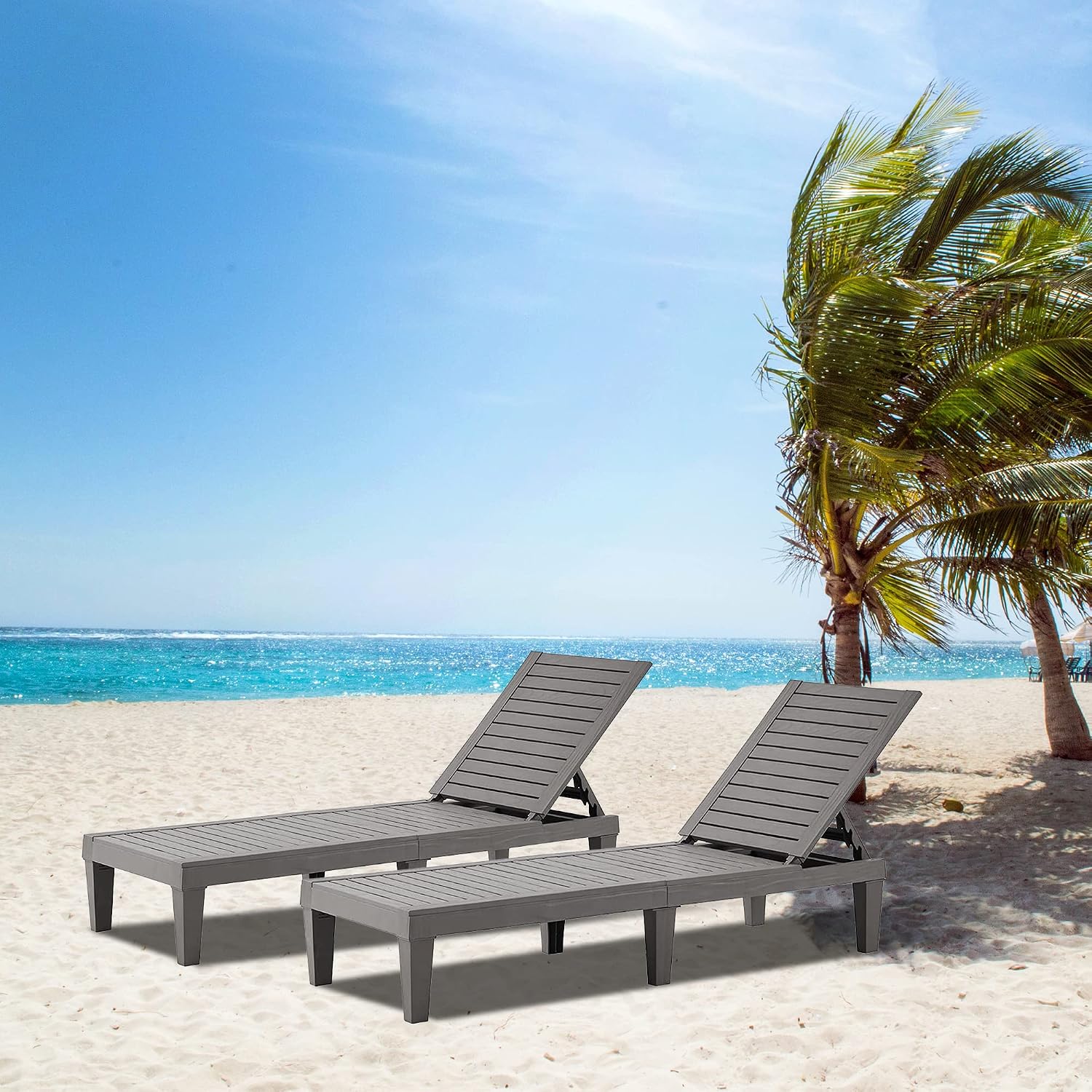 EUNHOO Outdoor Chaise Lounge Set of 2, Adjustable Pool Lounge Chair with 5 Positions Backrest, Waterproof Sun Loungers for Garden Pool Beach Patio Deck Sunbathing