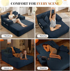 Chaise Lounge Chair Indoor, 60" Oversized Sleeper Couches W/Foldable Armrest Cloud Corduroy Upholstered Reading Chairs Floor Sofa Bed for Living Room No Assembly, Blue