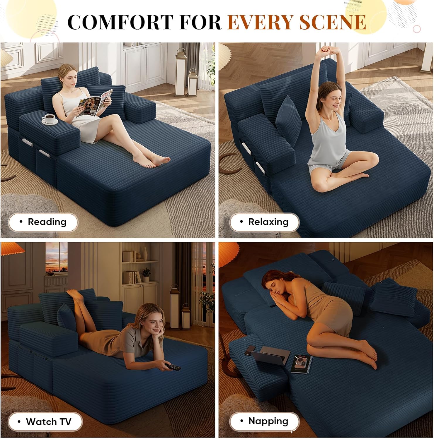 Chaise Lounge Chair Indoor, 60" Oversized Sleeper Couches W/Foldable Armrest Cloud Corduroy Upholstered Reading Chairs Floor Sofa Bed for Living Room No Assembly, Blue