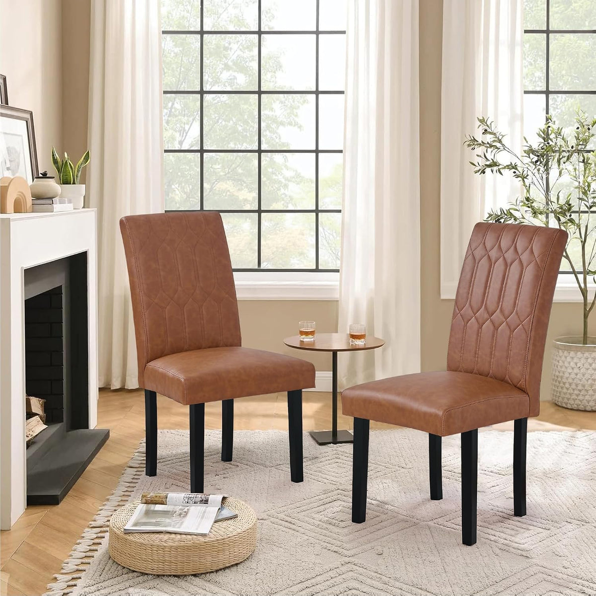 VECELO Upholstered Dining Chairs Set of 2, Modern PU Leather Accent Parsons, Solid Wood Legs w/Rubber Footpads, for Living Room Kitchen, Brown
