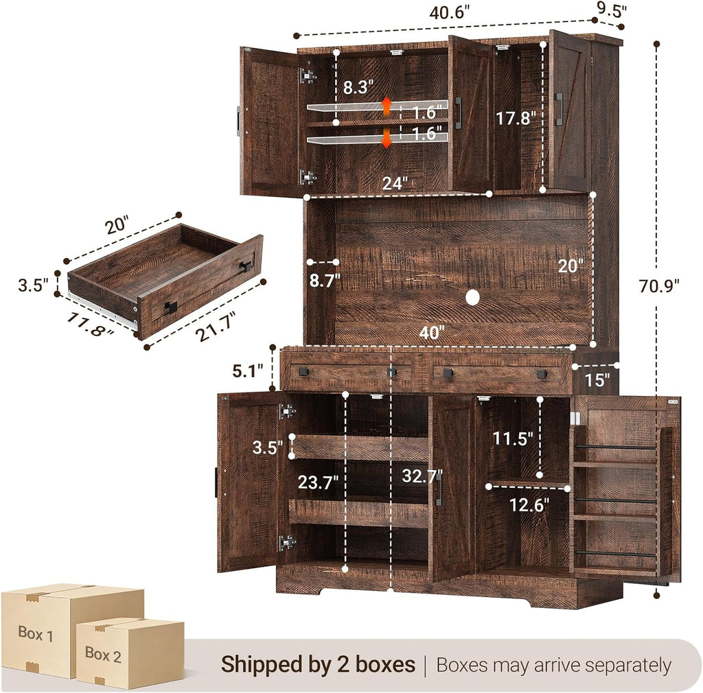 ELYKEN 71" Kitchen Pantry Storage Cabinet with Outlet & LED Lights, Brown