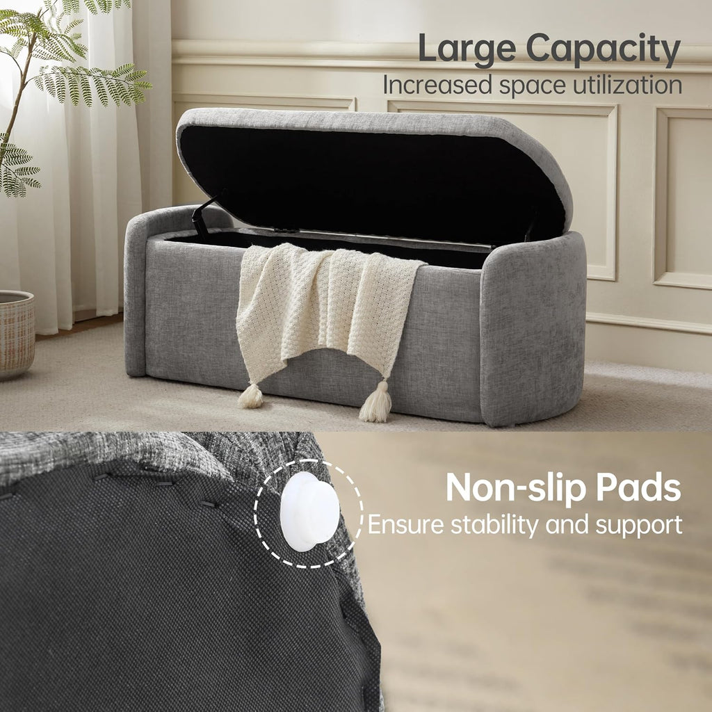 VKNOW 46" Oval Storage Ottoman Bench, Upholstered End of Bed Bench Ottomans Bench Foot Rest, Sherpa Storage Bench for Bedroom, Living Room and Hallway, Light Grey