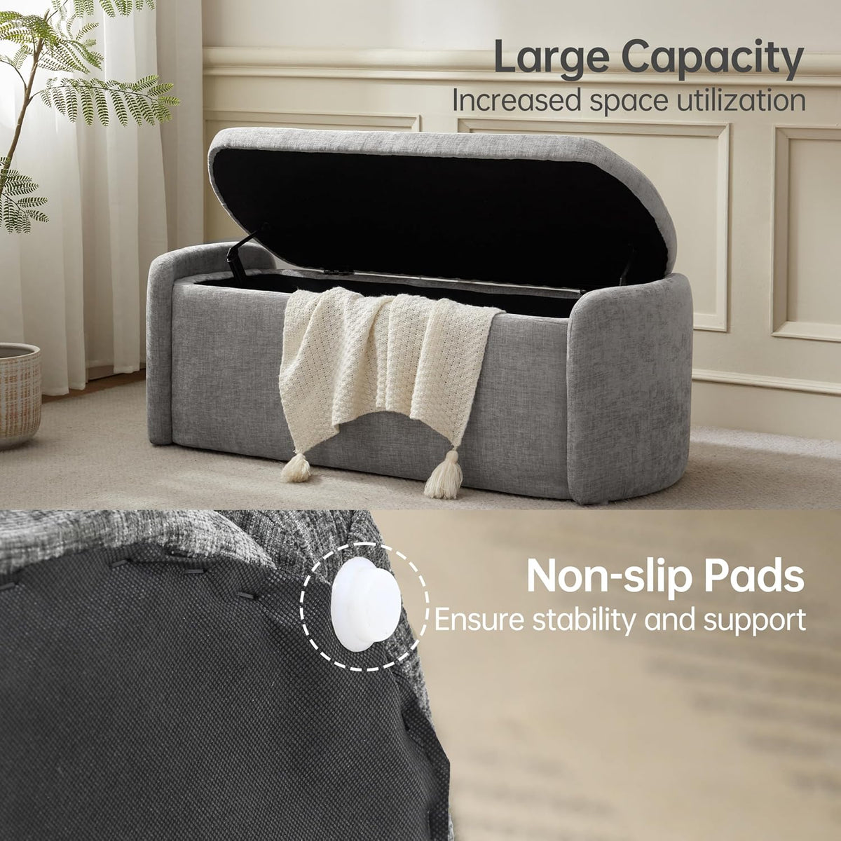 VKNOW 46" Oval Storage Ottoman Bench, Upholstered End of Bed Bench Ottomans Bench Foot Rest, Sherpa Storage Bench for Bedroom, Living Room and Hallway, Light Grey