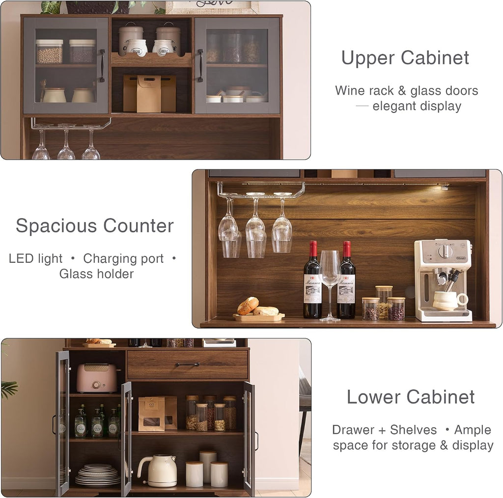 Fatmok 71" Tall Pantry Cabinet with Glass Doors, Kitchen Hutch Storage Cabinet, Coffee Bar & Liquor Cabinet with Charging Station & LED Lights, Wine Rack, Adjustable Shelves＆Large Drawer, Brown