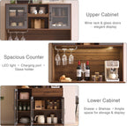 Fatmok 71" Tall Pantry Cabinet with Glass Doors, Kitchen Hutch Storage Cabinet, Coffee Bar & Liquor Cabinet with Charging Station & LED Lights, Wine Rack, Adjustable Shelves＆Large Drawer, Brown