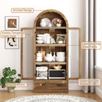 75" Tall Arched Kitchen Pantry Cabinet w Load-Bearing Steel Pipe,Modern Farmhouse Kitchens Storage Cabinet with Drawer and Glass Doors,Tall Arched Bookcase,Pantry Organizer for Living Room(Natural)