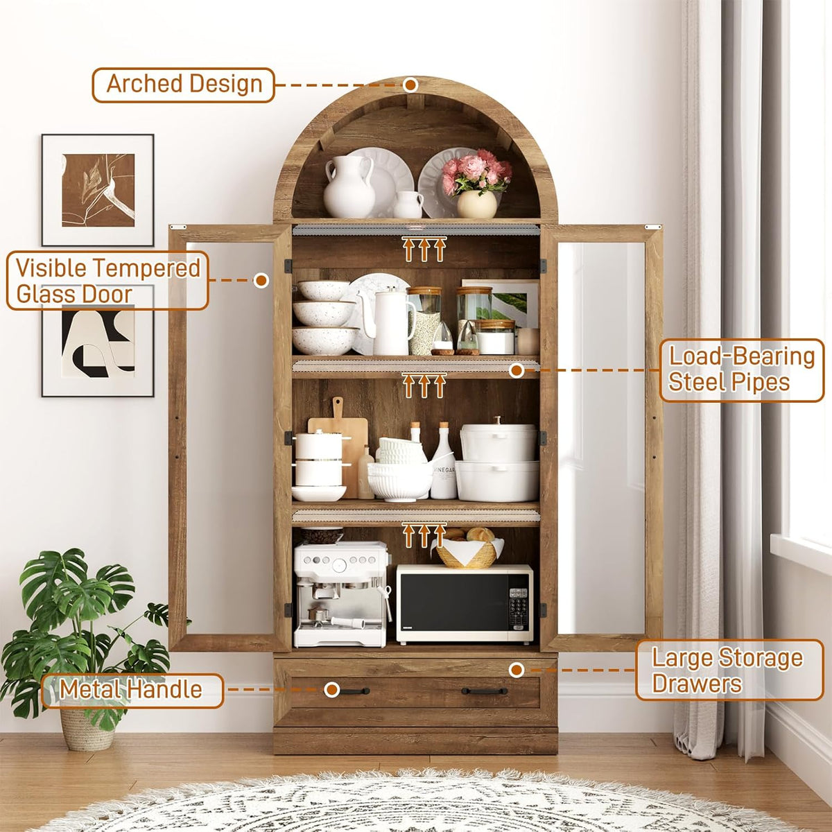 75" Tall Arched Kitchen Pantry Cabinet w Load-Bearing Steel Pipe,Modern Farmhouse Kitchens Storage Cabinet with Drawer and Glass Doors,Tall Arched Bookcase,Pantry Organizer for Living Room(Natural)