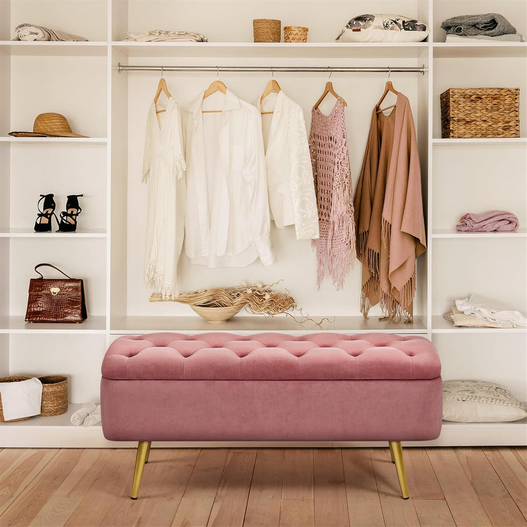 Yaheetech 43in Velvet Storage Ottoman Bench for Bedroom End of Bed, Pink | Button-Tufted Ottoman with 1.9C Storage Space, Tapered Gold Metal Legs, Sized for Entryway Living Room Window Seat