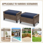 2 Pieces Modern Outdoor Wicker Patio Footstools, Multipurpose PE Rattan Ottomans Set for Poolside, Backyard and Balcony, Brown/Blue