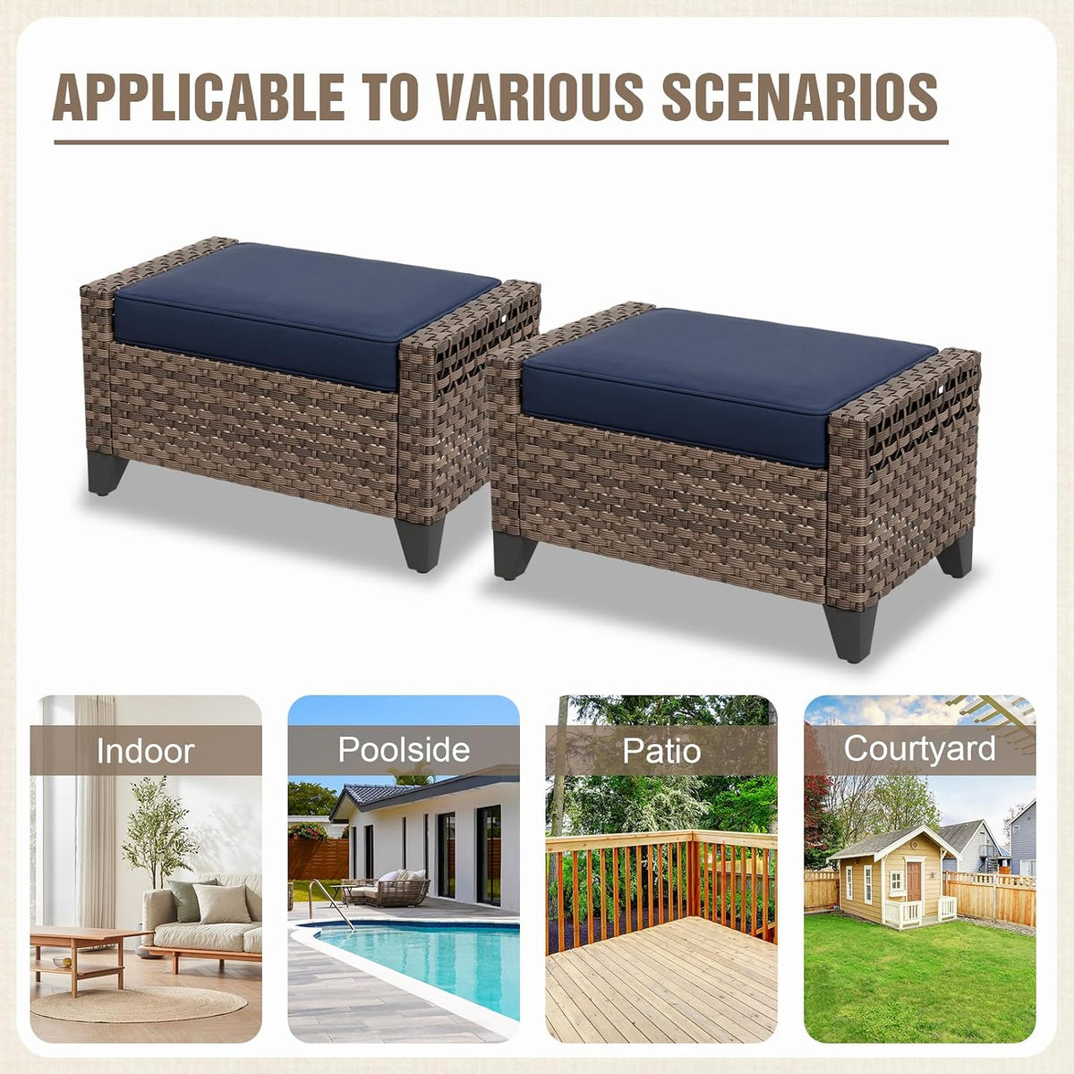 2 Pieces Modern Outdoor Wicker Patio Footstools, Multipurpose PE Rattan Ottomans Set for Poolside, Backyard and Balcony, Brown/Blue