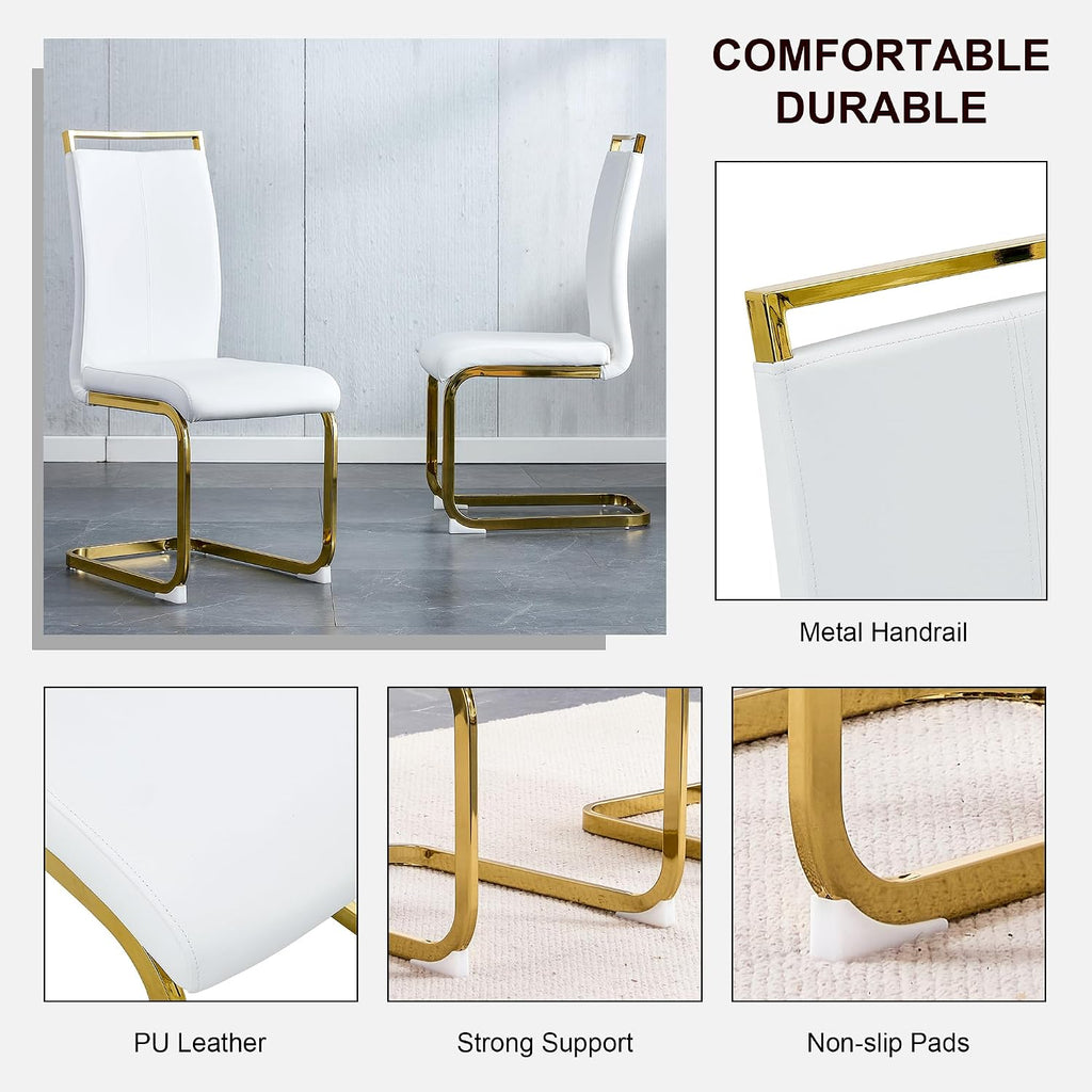 White and Gold Dining Table Set for 4, Faux Marble Dining Room Table Set for 4,63'' Rectangular Tempered Glass Top Kitchen Table Set and 4 Chairs for Dining Room Kitchen