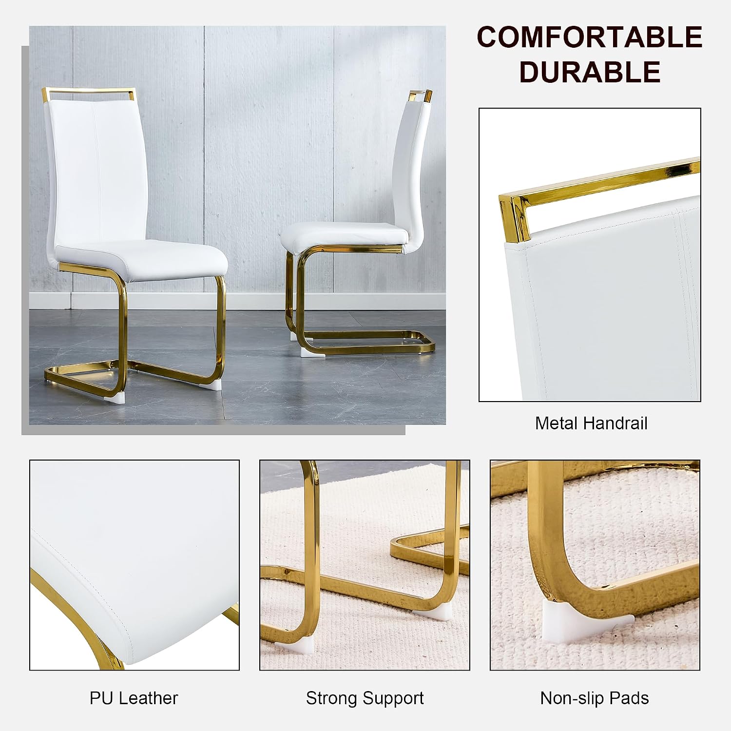 White and Gold Dining Table Set for 4, Faux Marble Dining Room Table Set for 4,63'' Rectangular Tempered Glass Top Kitchen Table Set and 4 Chairs for Dining Room Kitchen