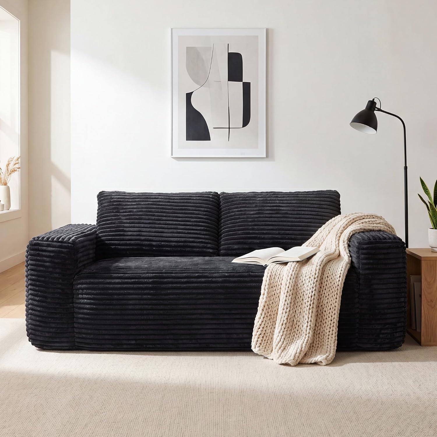 LIKIMIO Liorin Plush 71" Floor Loveseat Sofa Black Corduroy No Assembly | 2 Seater | High-Density Foam | 25.6" Deep Seat | 17.3" High Seat | Sofa in a Box | Ideal for Apartment/Living room