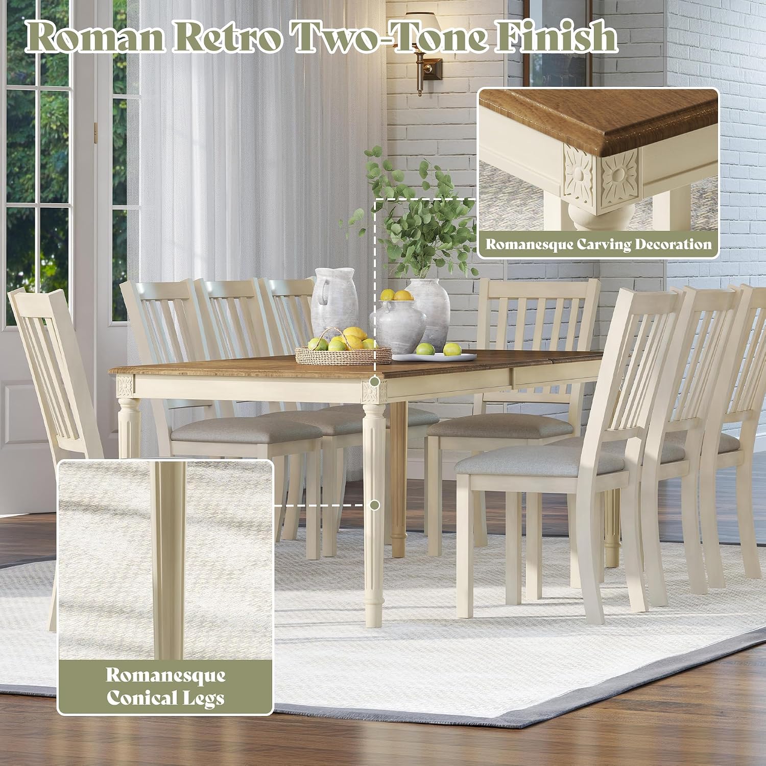 AMERLIFE 9 Piece Farmhouse Dining Table Set with 79" Table, Cream | Solid Rubberwood Frame, 8 Chairs Included, Farmhouse Design, Upholstered Seating, Rustic Cream Finish