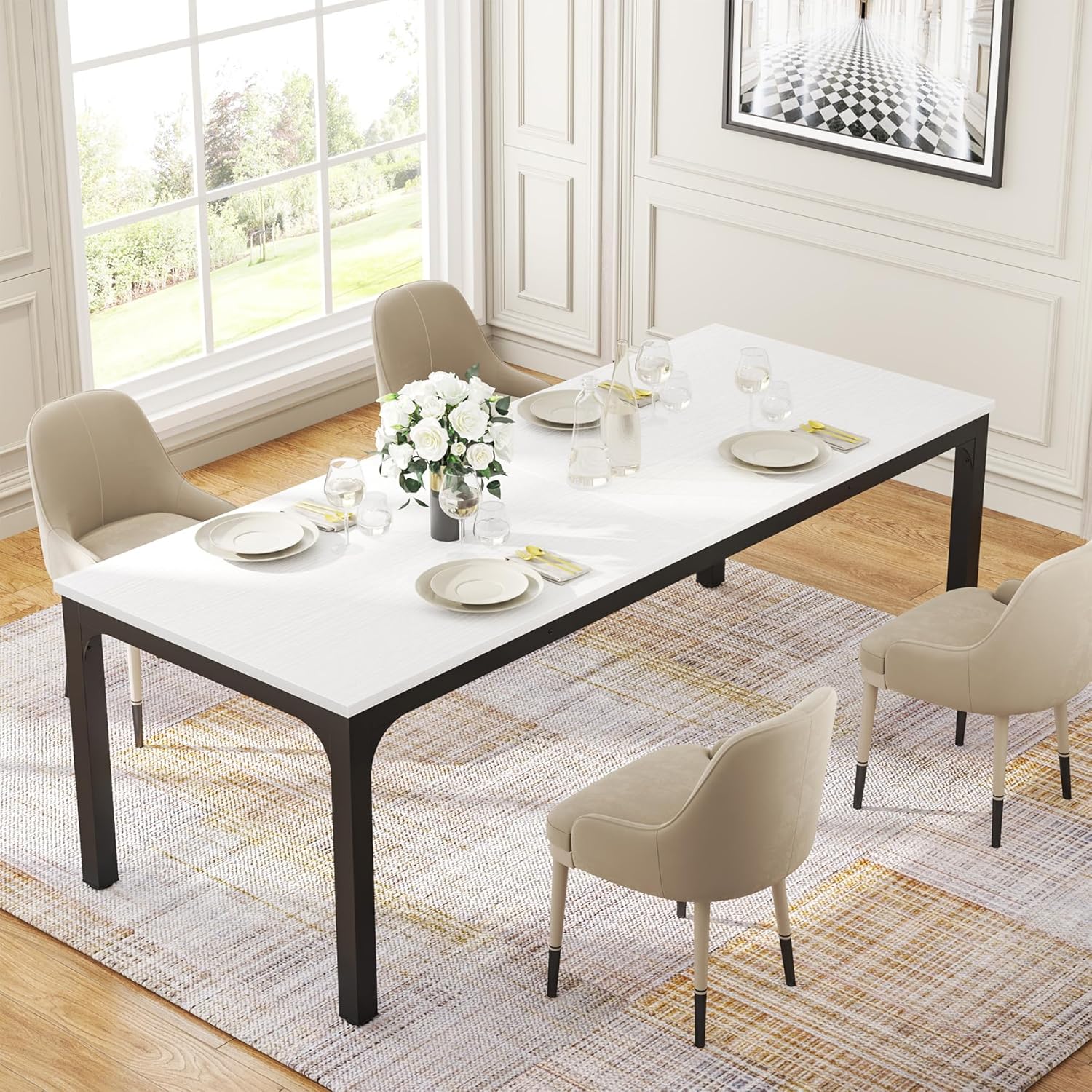 Tribesigns Dining Table for 6-8 People, 78-Inch Long Narrow Rectangular Dinner Table, 8 Seat Wood Kitchen Furniture for Dining Room (White+Black)