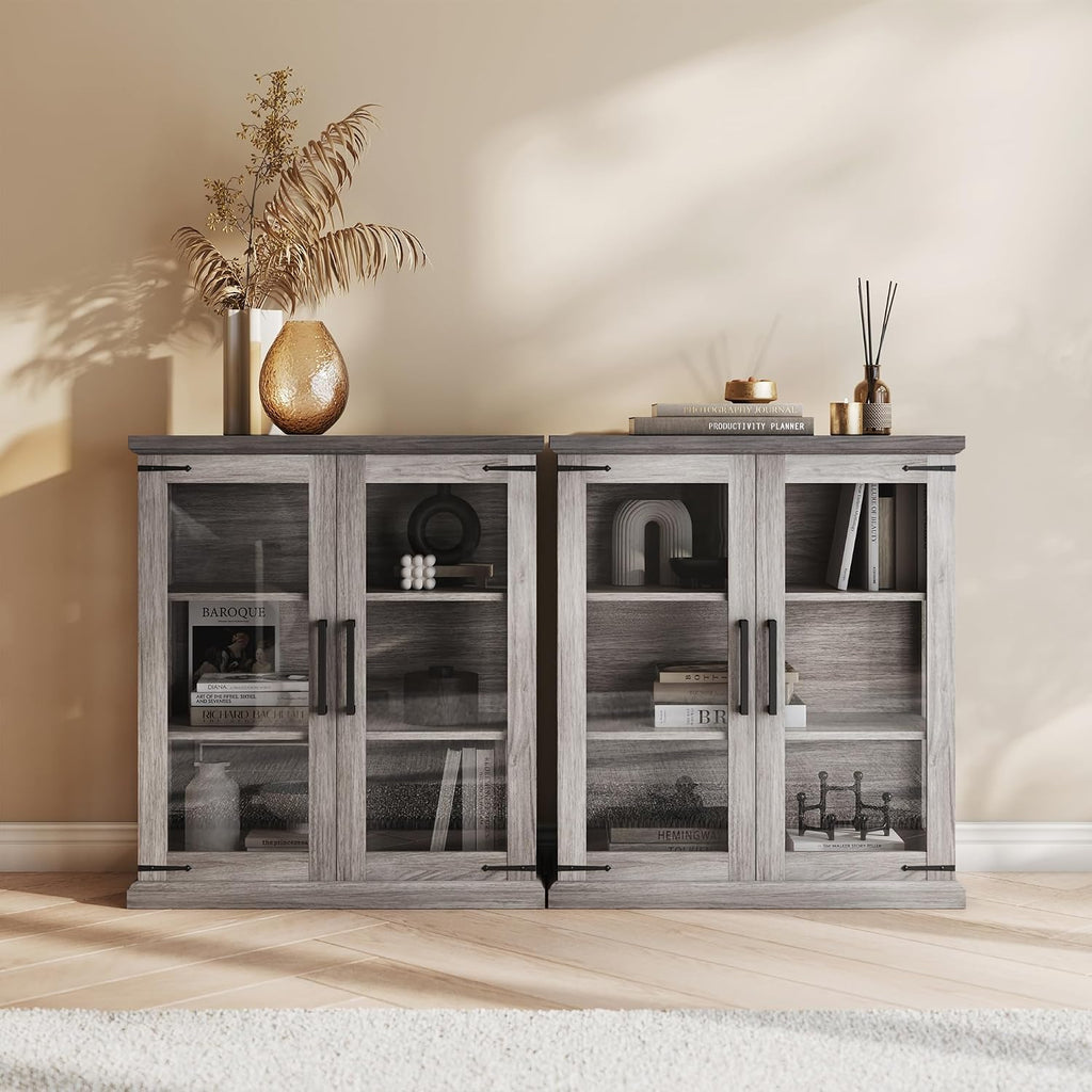 BELLEZE Set of 2 Glass Display Cabinet, 36" Tall Cabinet with Shelves and Glass Doors for Entryway, Living Room, Hallway, or Kitchen - Ashford (Gray Wash)