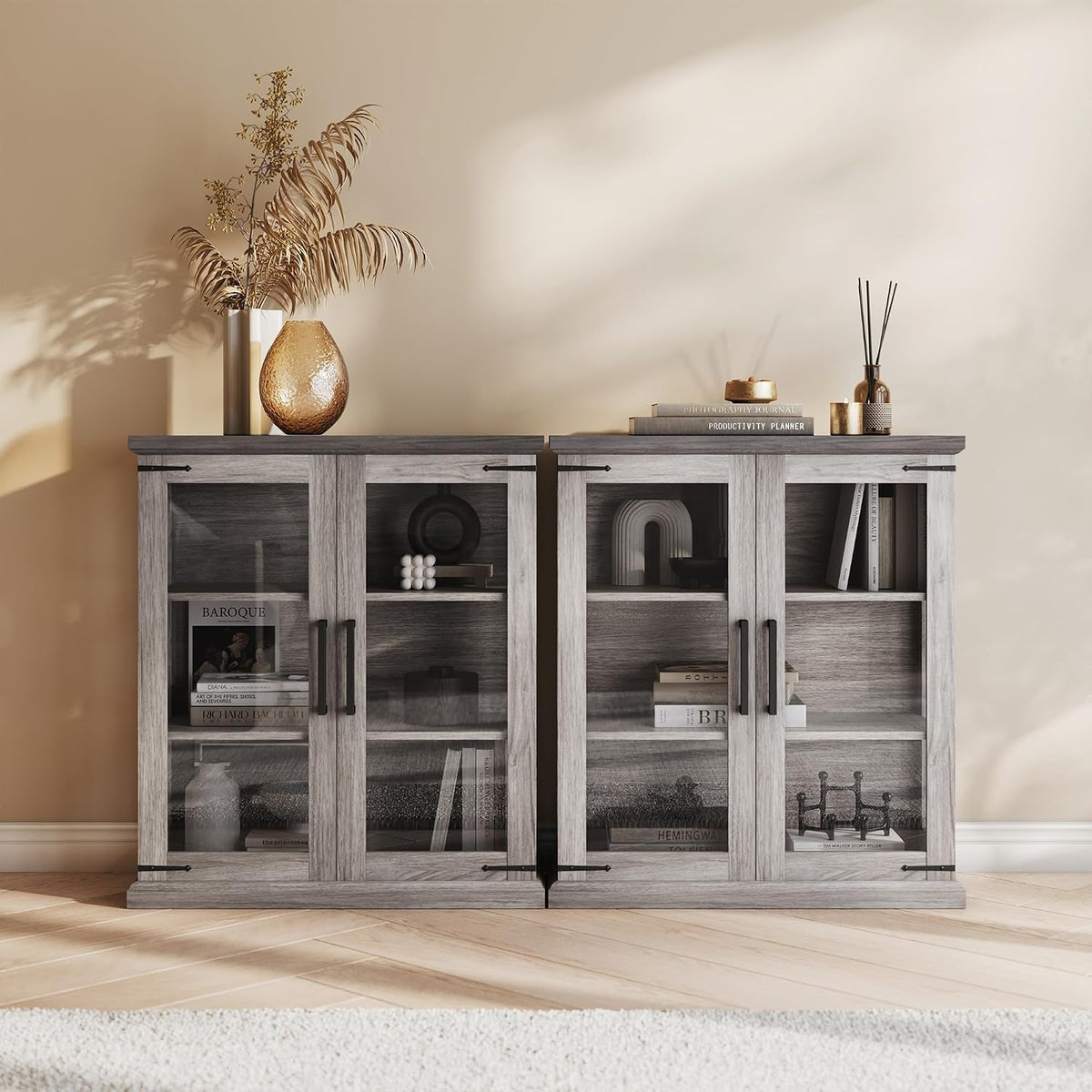 BELLEZE Set of 2 Glass Display Cabinet, 36" Tall Cabinet with Shelves and Glass Doors for Entryway, Living Room, Hallway, or Kitchen - Ashford (Gray Wash)