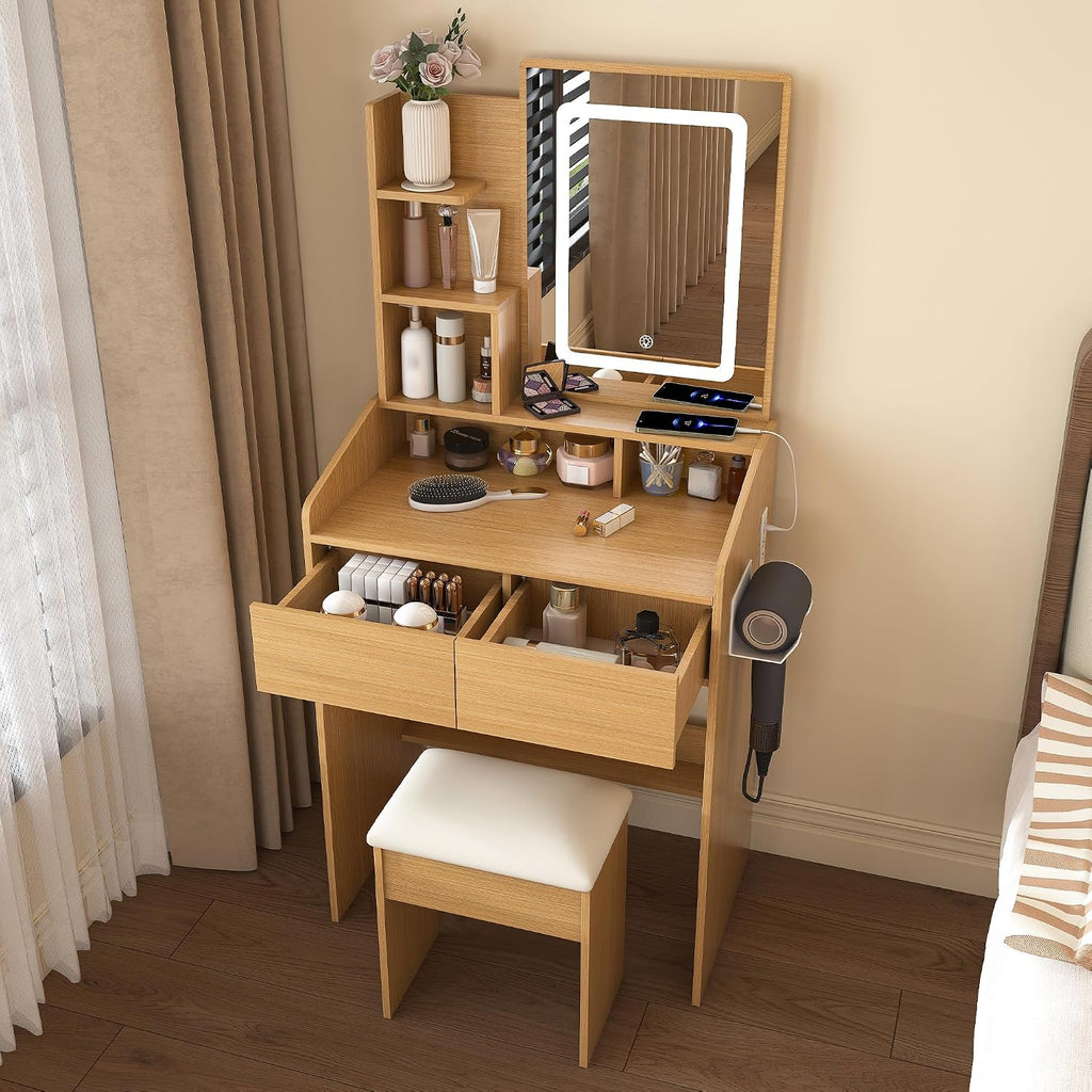 Small Makeup Vanity Desk with Light and Mirror,23.6" Compact Make up Dressing Table with USB, Type C Outlet and Holder, Padded Stool & Shelf, Space Saving Vanity Table for Teen Dorm Bedroom