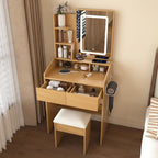 Small Makeup Vanity Desk with Light and Mirror,23.6" Compact Make up Dressing Table with USB, Type C Outlet and Holder, Padded Stool & Shelf, Space Saving Vanity Table for Teen Dorm Bedroom