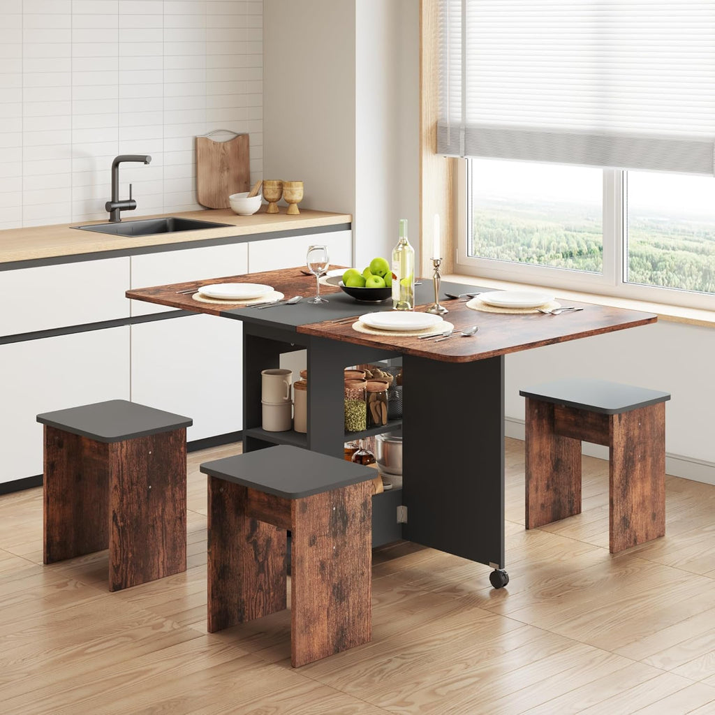 Mondeer Folding Dining Table Set for 4, Drop Leaf Table with 4 Chairs for Small Spaces, Dining Room Table Set with Storage Shelf and Wheels, for Kitchen Dining Room (Rustic Brown and Black)