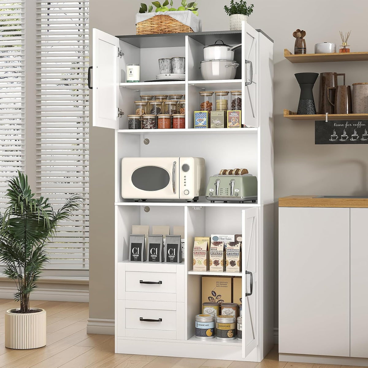 Kitchen Pantry Storage Cabinet with LED Lights and Power Strip, Tall Farmhouse Kitchen Pantry with Barn Doors and Drawers, Adjustable Shelves for Dining Living Room (White)