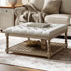 HULALA HOME Upholstered Rectangular Ottoman Coffee Table with Spindle Wooden Legs, Tufted Living Room Ottoman with Solid Wood Storage Shelf, Ivory