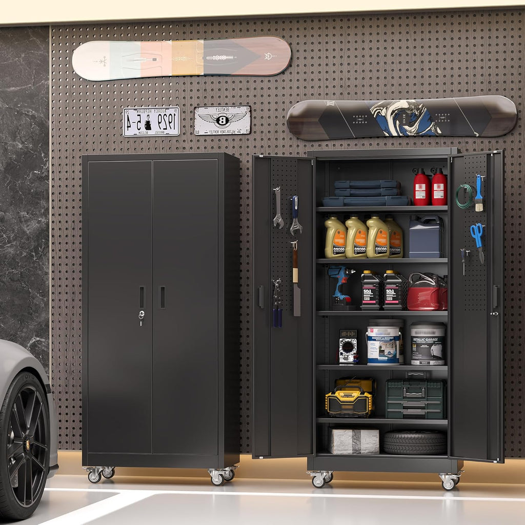 SUXXAN 71" Metal Storage Cabinet with Wheels, Pegboard, Lock, 5 Shelves | Locking steel cabinet with wheels, pegboard and 5 shelves for garage, workshop, office or pantry; assembly required.