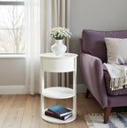 Christopher Knight Home Pomme 3-Tier Metal Small Side Table, Narrow Bedside Table with Sliding Door Cabinet, Bedroom Decoration Organizer, Round End Table with Storage, Space Saving, Matte White