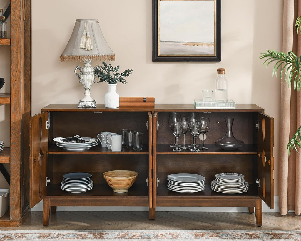 LKTART 60" Mid Century Modern Sideboard Buffet with Hollow Carved Doors and Outlet Holes,Vintage Accent Cabinet Credenzas Storage Cabinet Walnut