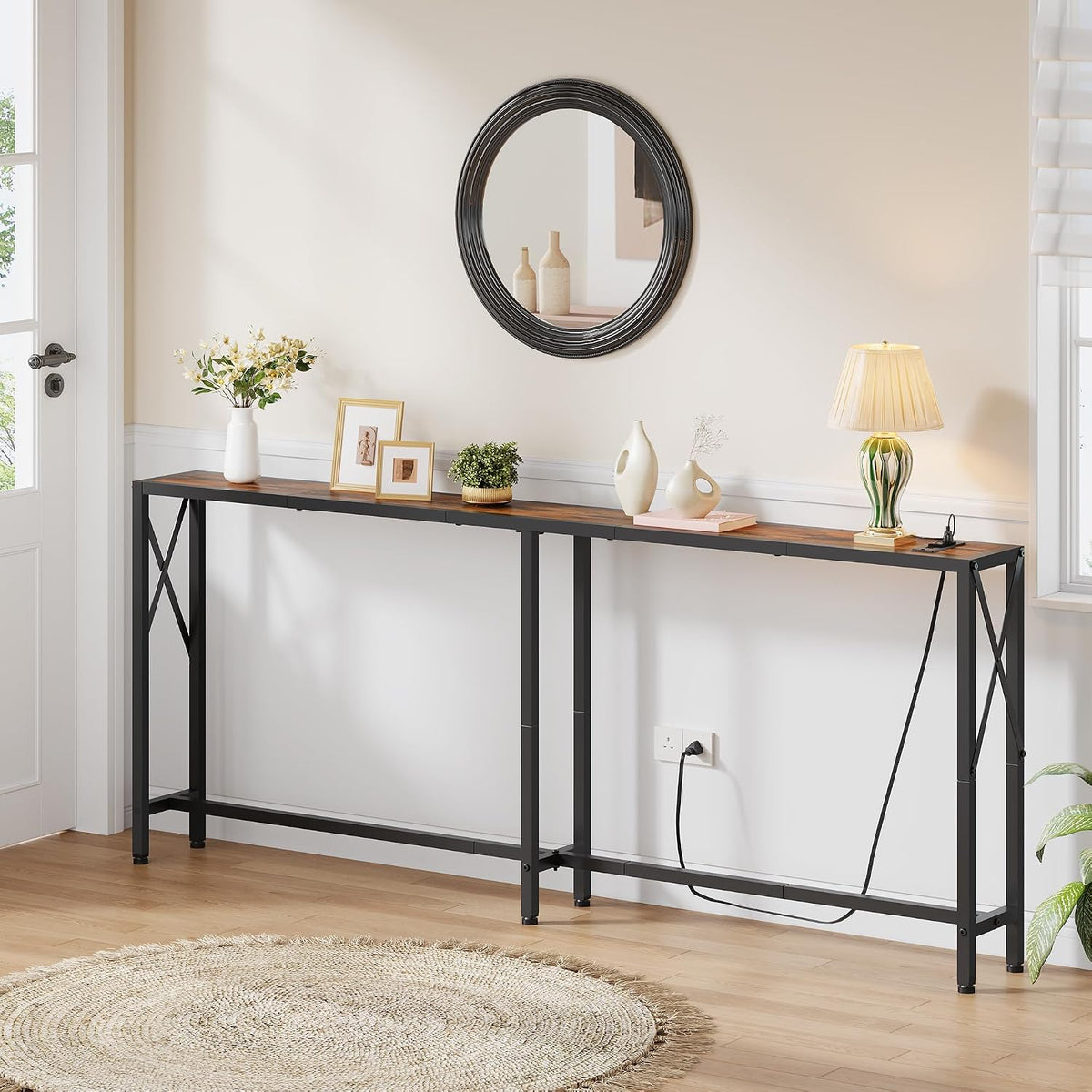 Gewudraw 70" Sofa Table Behind Couch with Oulets-Narrow Console Table,Brown | Industrial Style, Long Skinny Design,Couch Table For Hallway,Living Room,Bedroom, Built-In Power Outlets & USB, 172cm Length