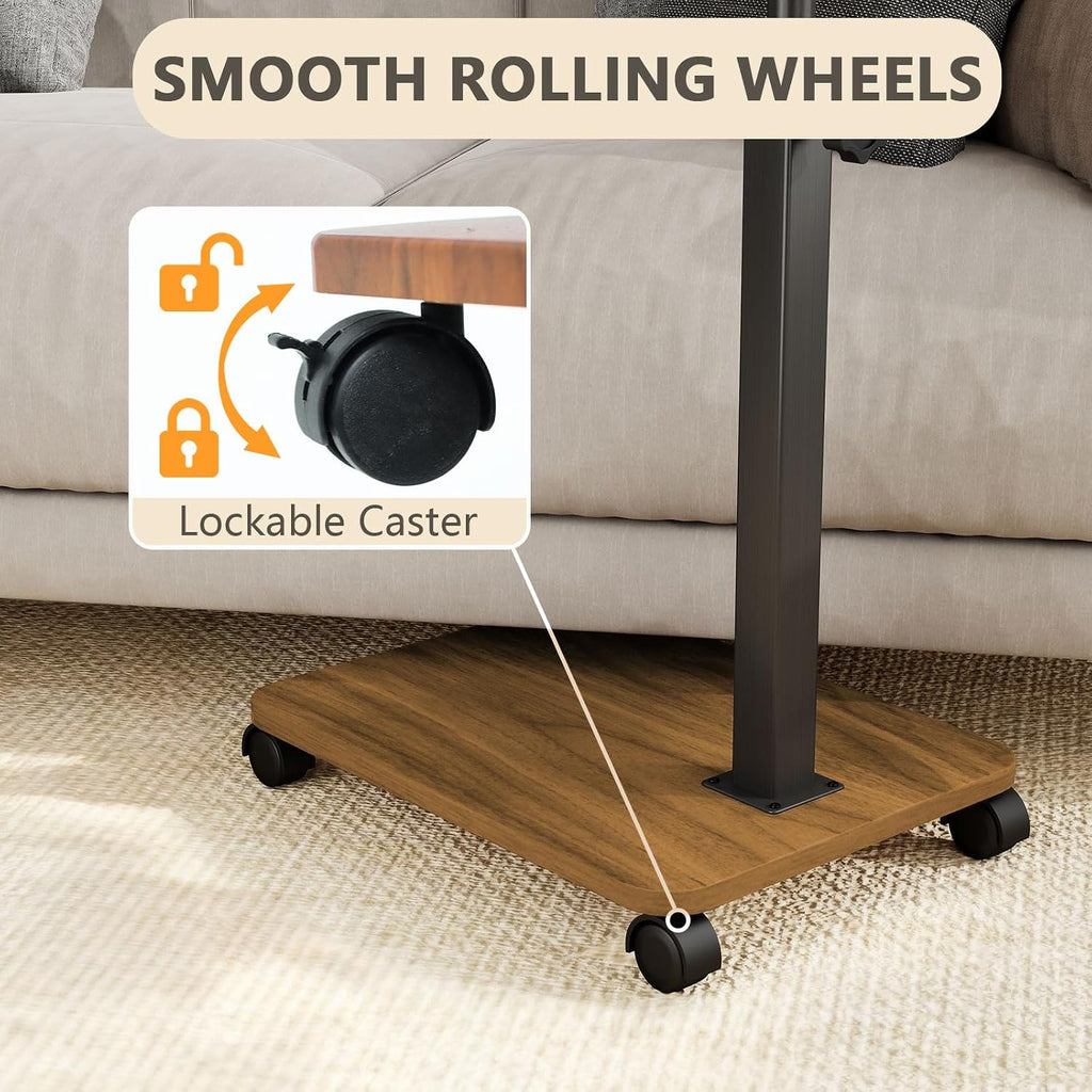 End Table, Adjustable Height Side Table, 360° Rotating MDF Veneer Sofa Side Table with Lockable Wheels, C-Shaped TV Tray Table for Living Room Bedroom (Walnut Brown)