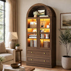 Pamapic Arched Kitchen Pantry Cabinet, 71" Tall Arched Cabinet with LED Light & Glass Doors, Farmhouse Kitchen Storage Cabinet with 2 Large Drawers, Wooden Pantry for Dining Room, Living Room (Brown)