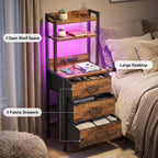Fixwal 41 Inch Tall Nightstand with Charging Station, Led Night Stand with U-S-B Port & Socket, 3 PU Finished Fabric Storage Drawers, Office, Bedside Table & Bookshelf in One, Rustic Brown
