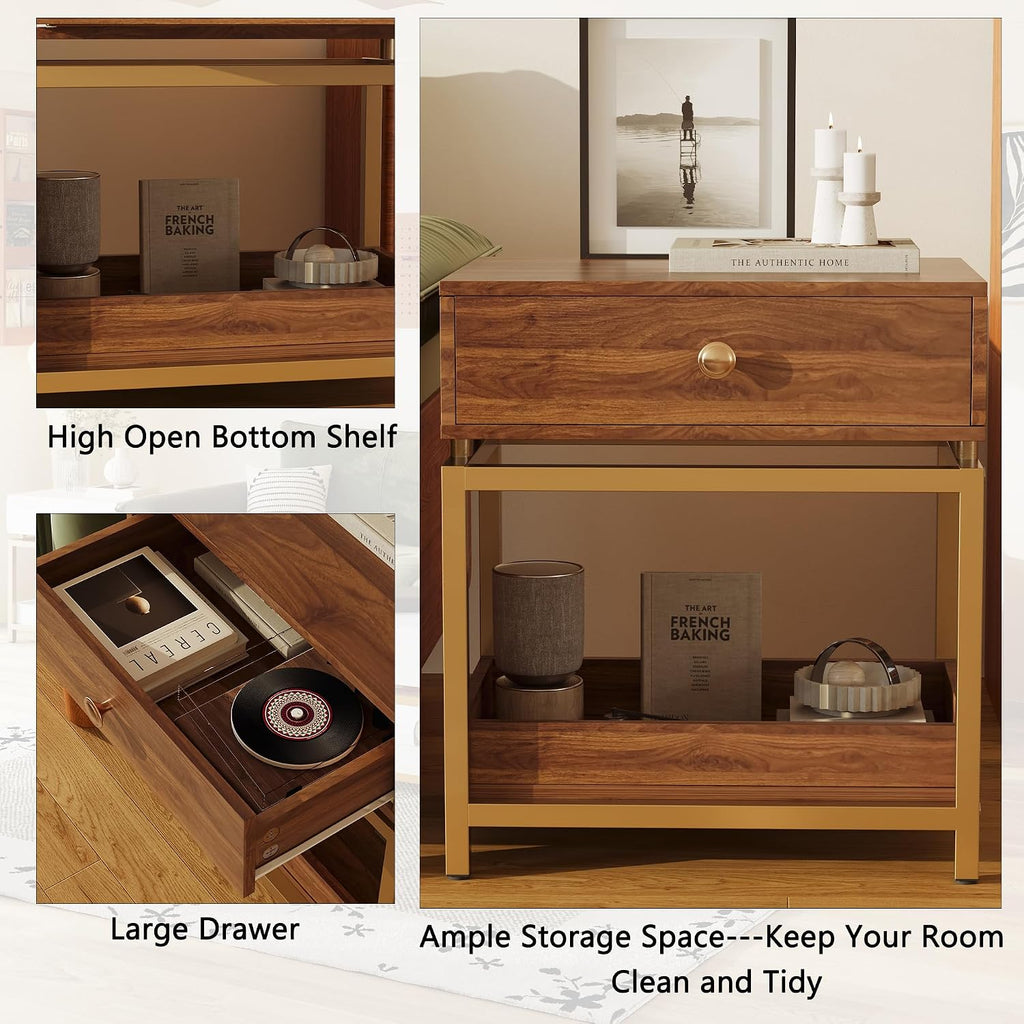 WiberWi End Table with Drawer and Open Shelf, 2 Tiers Sofa Side Table with Gold Metal Frame for Living Room, Modern Nightstand Bedside Table for Bedroom, Walnut