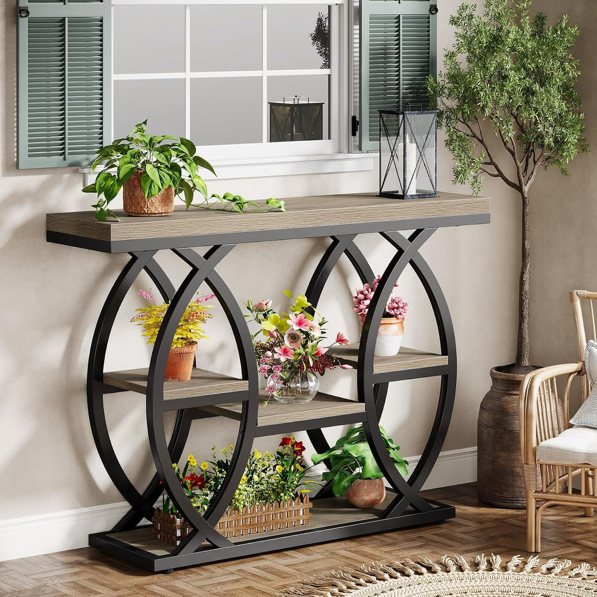 Tribesigns 39.4" Console Table, 4-Tier Sofa Table, Accent Tables, Grey | Storage Shelves, Wood Tabletop with Metal Frame, Industrial Style, For Narrow Entryway, Hallway, Behind the Couch