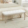 LOULENS 43.9" Linen Fabric End of Bed Bench, Vintage French Upholstered Button Tufted Entry Bench, Window Seat with Carved Wood Legs for Bedroom, Living Room, Entryway, Foyer, Hallway, White