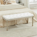 LOULENS 43.9" Linen Fabric End of Bed Bench, Vintage French Upholstered Button Tufted Entry Bench, Window Seat with Carved Wood Legs for Bedroom, Living Room, Entryway, Foyer, Hallway, White