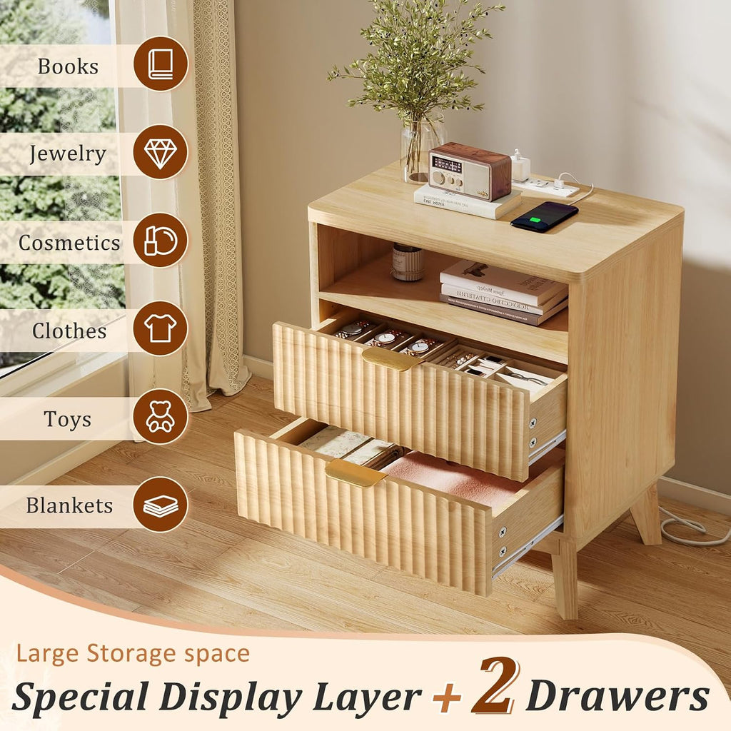 LYNCOHOME Fluted Nightstand with Charging Station, 19.7 inch Wide End Table with 2 Drawers, Modern Wood Bedside Table for Bedroom,Natural,1 Pcs