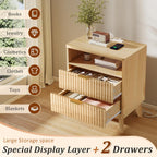 LYNCOHOME Fluted Nightstand with Charging Station, 19.7 inch Wide End Table with 2 Drawers, Modern Wood Bedside Table for Bedroom,Natural,1 Pcs