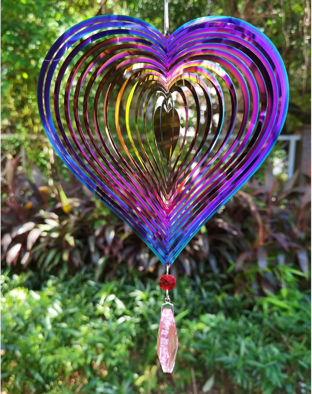3D Heart Wind Spinner - Flowing Light Effect, Purple-Green Gradient Metal Spinner for Outdoor Garden Decor, Unique Gift for Mom & Women