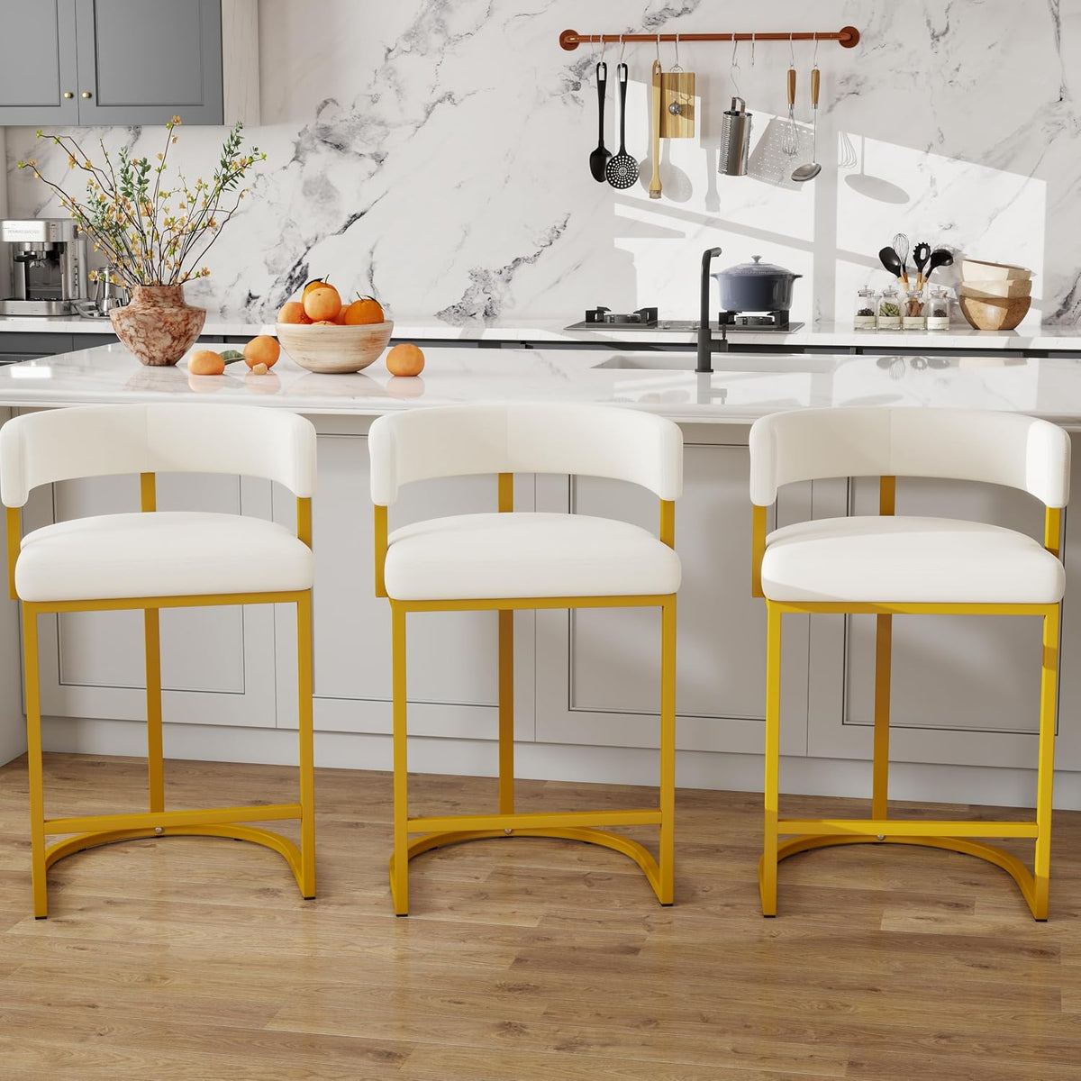 Modern Barrel Bar Stools Set of 3, 24" Velvet Counter Height Stools with Comfy Back and Arms, Sherpa Upholstered Kitchen Island Chair for Home Bar, Ivory