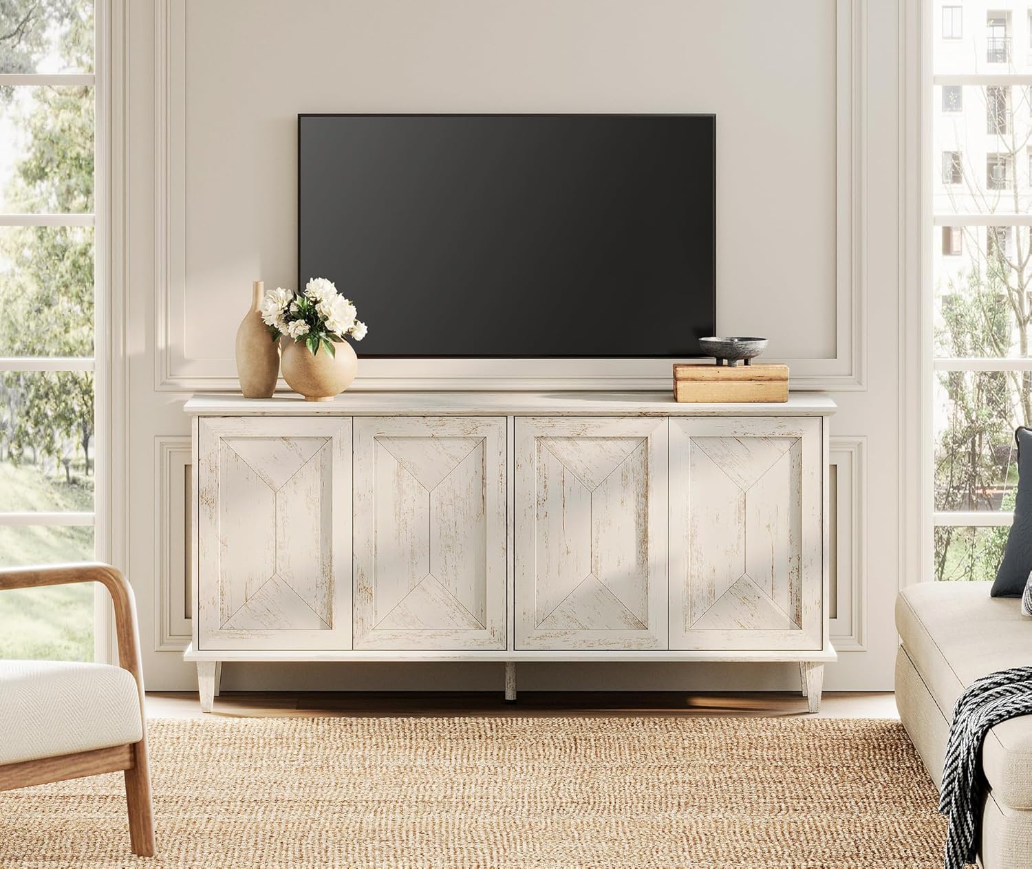 WAMPAT 65-inch Handcrafted Patchwork Decorative Buffet Cabinet with Pop-Up Design Doors,Full Unit Modern Farmhouse Accent Credenza for Coffee Bar, Kitchen, and Living Room, Pale Oak