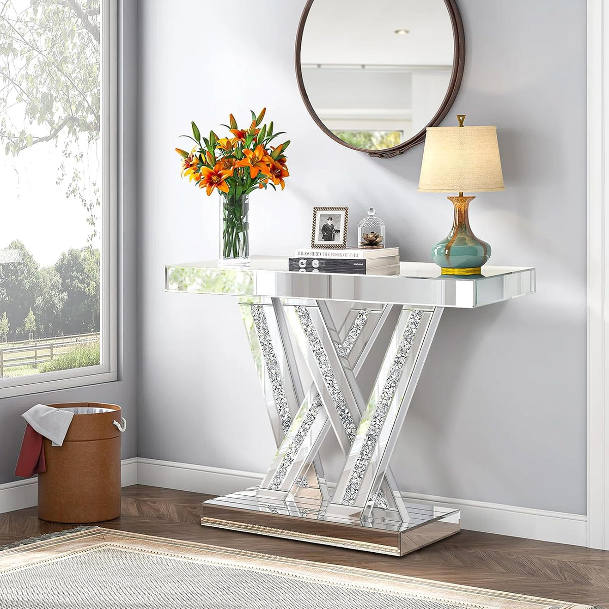 Modern Entryway Console Table with Crushed Diamond Inlay, 35.43" Silver Mirrored Glass Hallway Table for Entryway, Glam Decorative Sofa Tables for Living Room