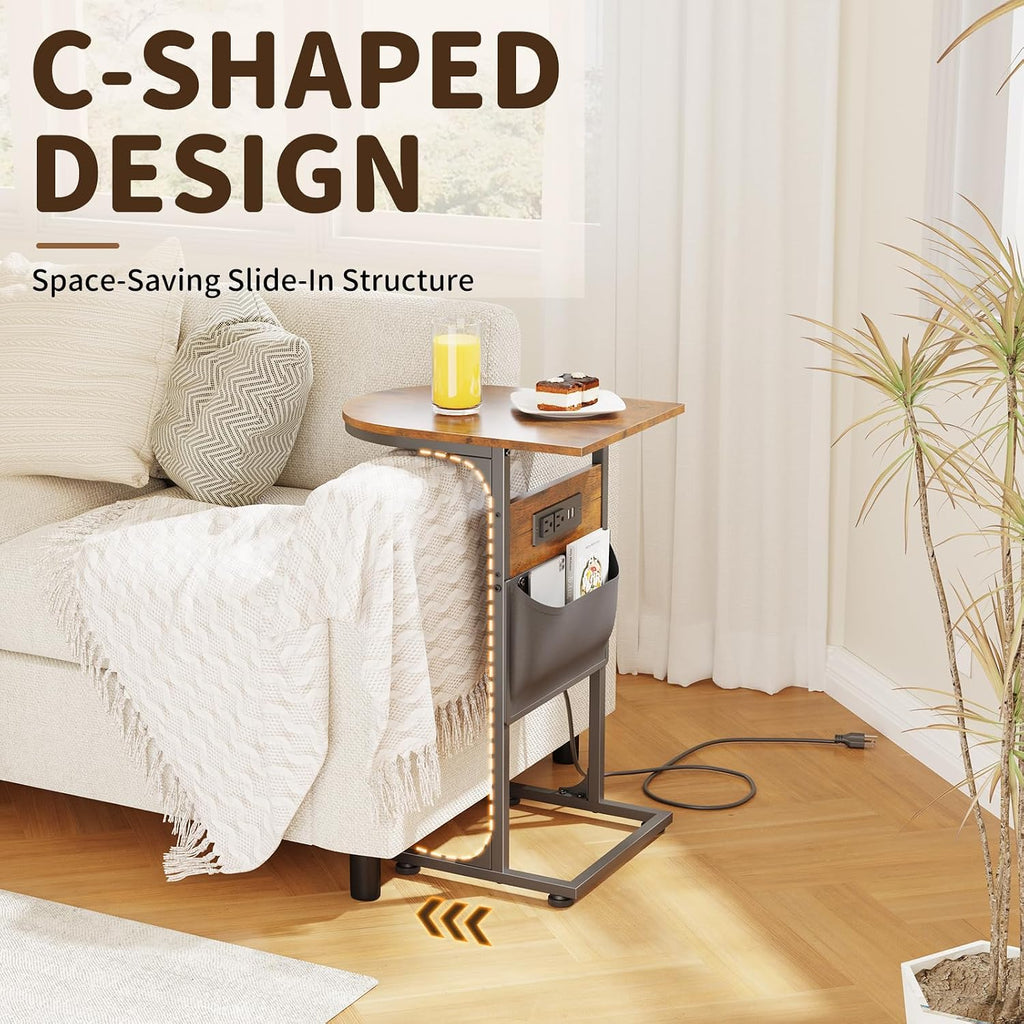 C Shaped End Table with Charging Station, Small Side Table for Couch, C Table Slides Under Sofa with Storage Bag, TV Tray Table for Recliner, Living Room, Bedside, Bedroom, Small Spaces, Rustic Brown