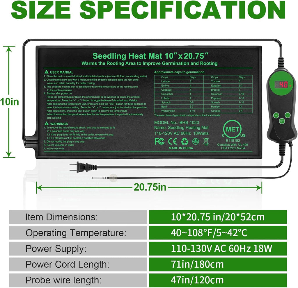 Seedling Heat Mat with Built-in Temperature Controller, 10" x 20.75" Waterproof Plant Heating Pad with Thermostat for Indoor Seed Starting Germination Hydroponics