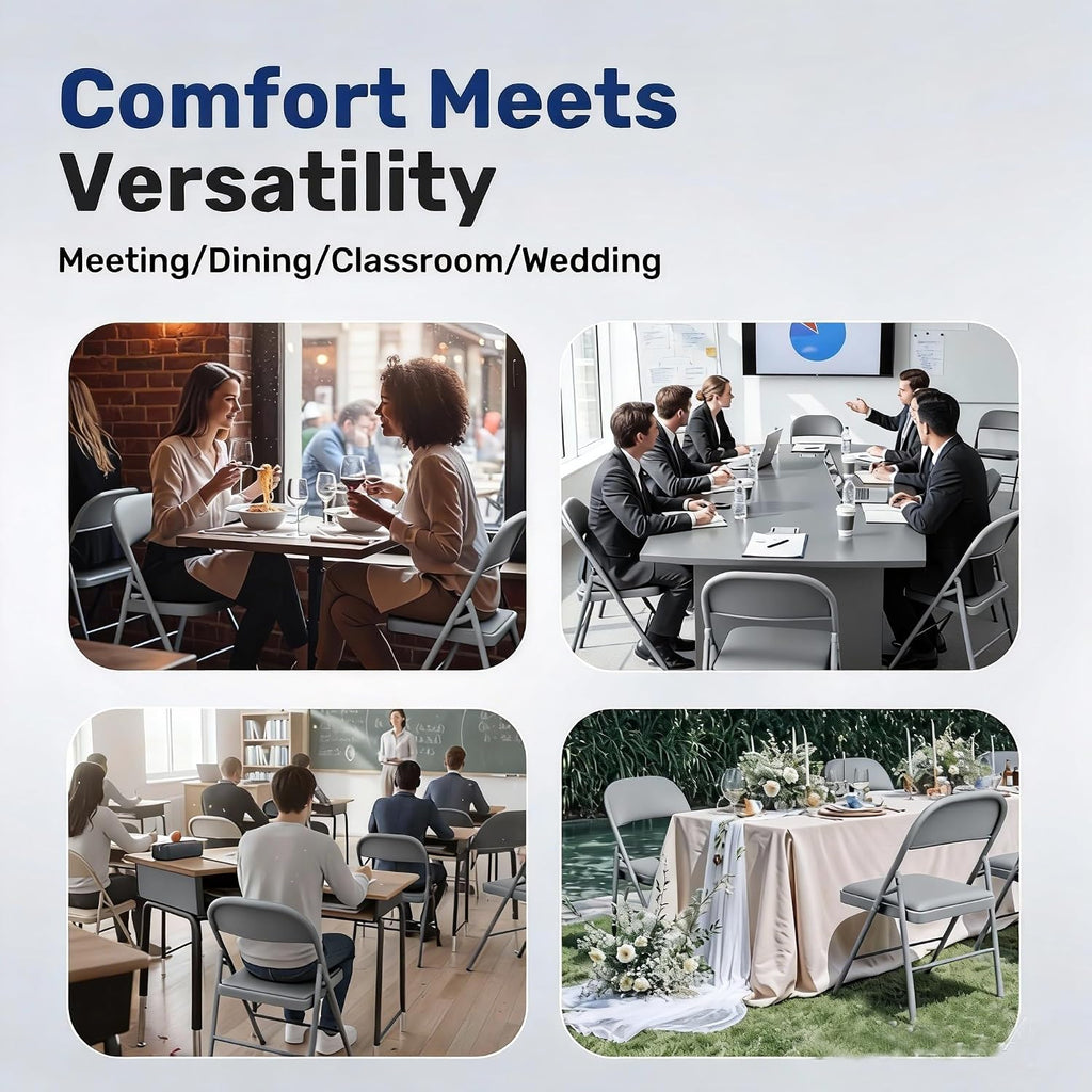 Simple Deluxe Dining Chairs Set of 2, Leather Cushion Foldable Modern Kitchen Side Chair with Padded Back& Metal Legs, Upholstered Dinner Seat Gift for Home/Living Room/Bedroom/Restaurant, Grey