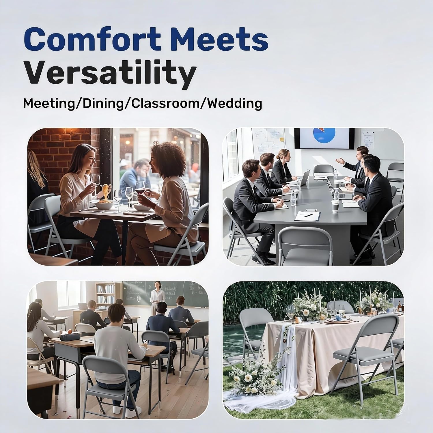 Simple Deluxe Dining Chairs Set of 2, Leather Cushion Foldable Modern Kitchen Side Chair with Padded Back& Metal Legs, Upholstered Dinner Seat Gift for Home/Living Room/Bedroom/Restaurant, Grey