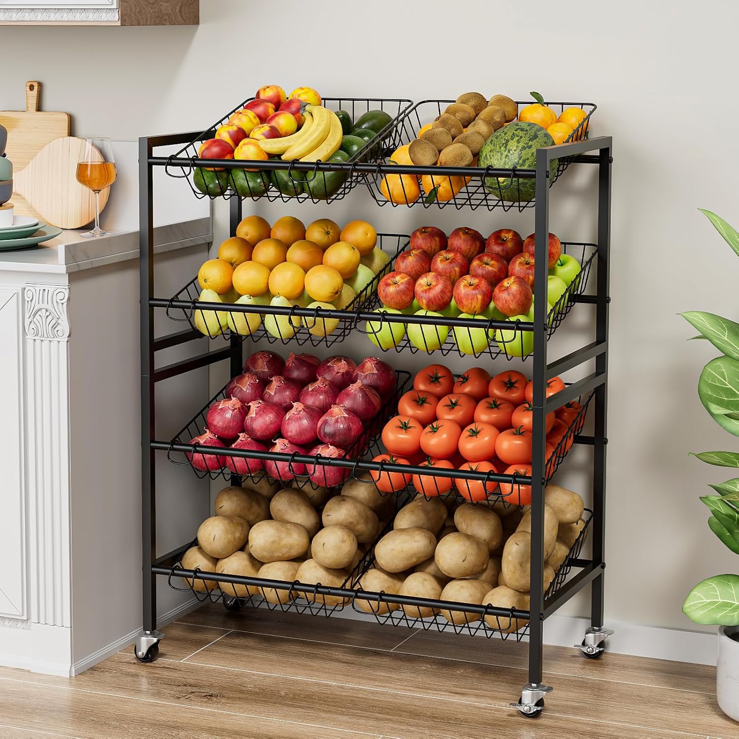 Evermagin 25.2" W Kitchen Storage Cart, 4-Tier Snack Cart with Wheels | Metal Fruit Basket Vegetable Stand, Pantry Storage Organizer with 8 Removable Baskets for Onion Potato, Black