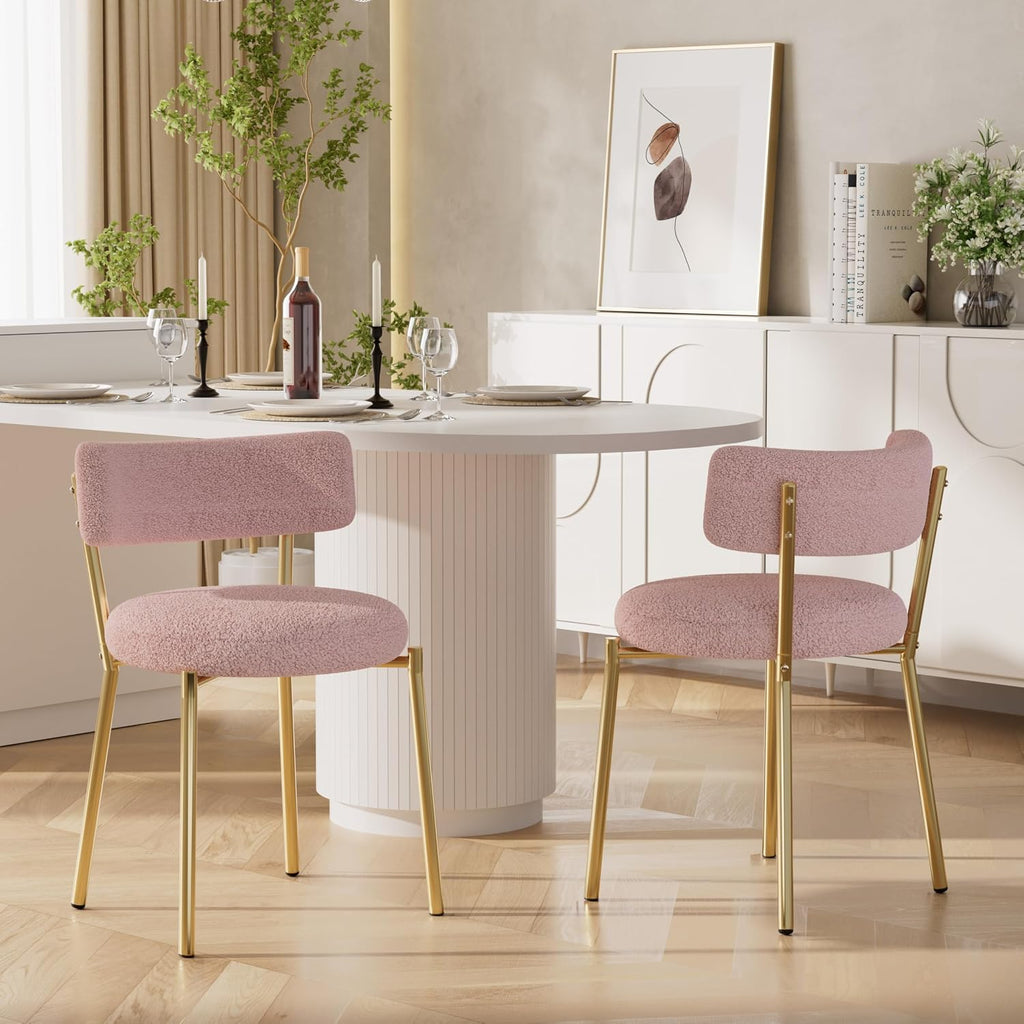 Boucle Dining Chairs Set of 2, Modern Round Upholstered Dining Chairs, Curved Backrest Kitchen Dining Room Chairs, Mid-Century Pink Dining Chair with Golden Metal Legs