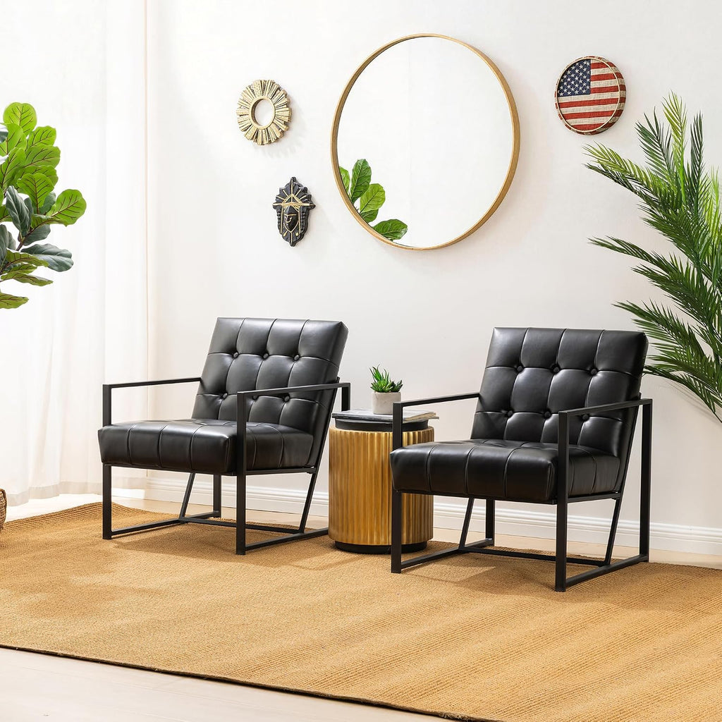 Glitzhome Mid Century Modern Accent Chair, Comfy Living Room Chair with Durable Metal Frame,PU Leather Cushioned, Reading Armchairs for Living Room, Bedroom, Home Office, Black